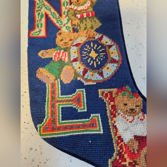 Vintage needlepoint teddy bear noel stocking - Picture 3 of 6